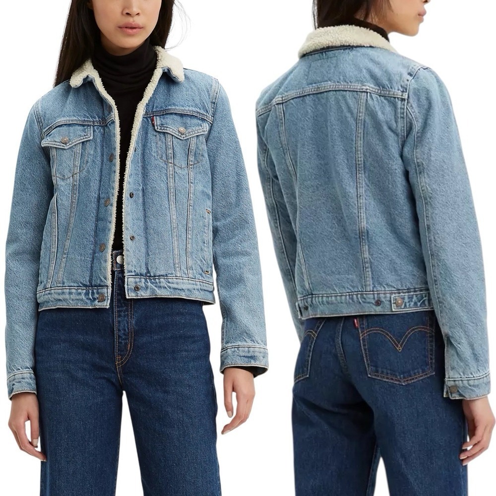 Levis Denim Women's Original Sherpa Trucker Jean Jacket L Faux Fur‎ Lined Blue